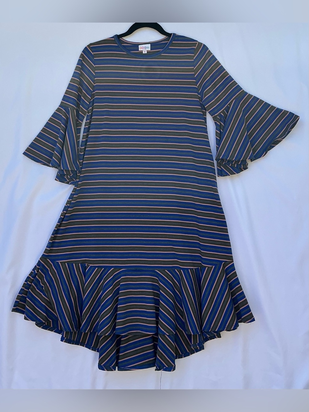 LuLaRoe Navy, Blue & Olive Striped Flutter-Sleeve Mini Dress